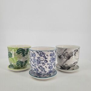 Set of 3 Ceramic Planters with Saucers Tropical Nautical Parrot 4 Inch Pots